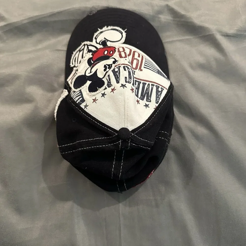 Disney Parks Mickey Mouse Stretch Fit Cap Hat American 1928 Navy Blue Distressed
